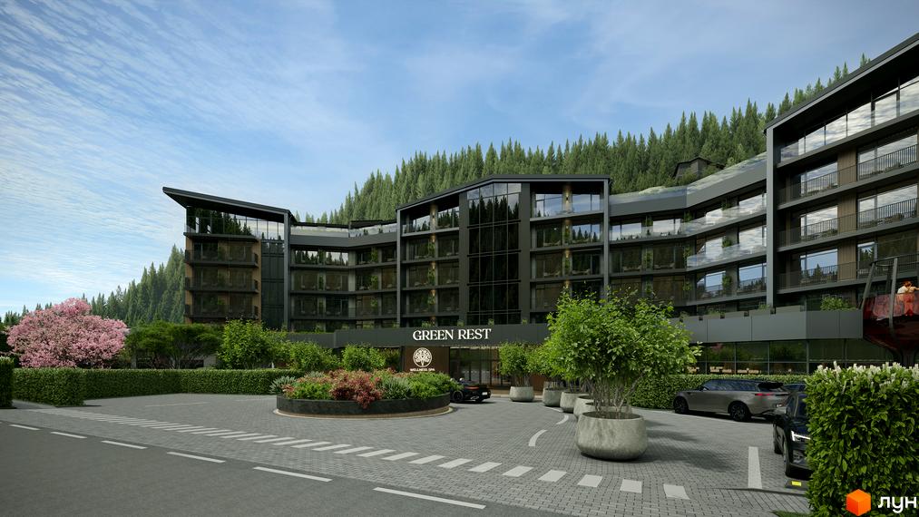Зовнішній вигляд житлового комплексу Green Rest з панорамними вікнами та балконами, оточений деревами. На прибудинковій території розташовані парковка та зелені насадження.