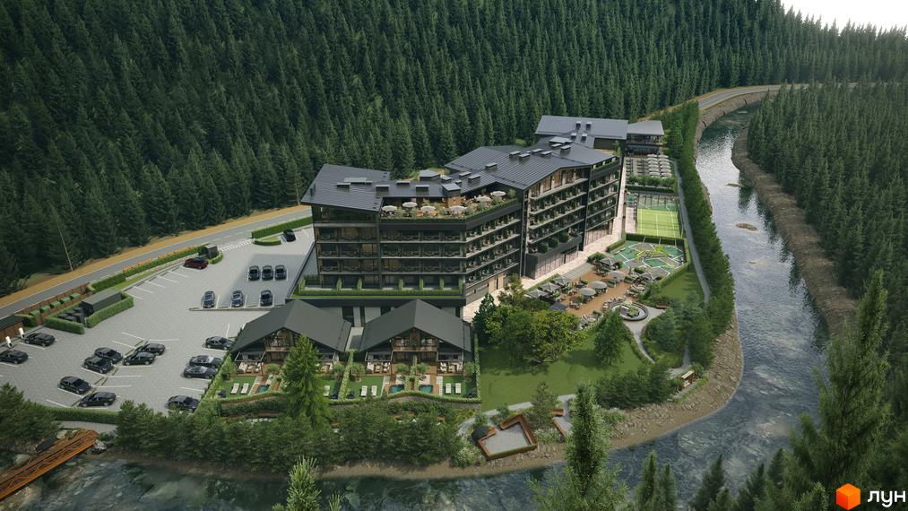 Зовнішній вигляд комплексу Green Rest, розташованого біля річки та лісу, з парковкою та тенісними кортами.