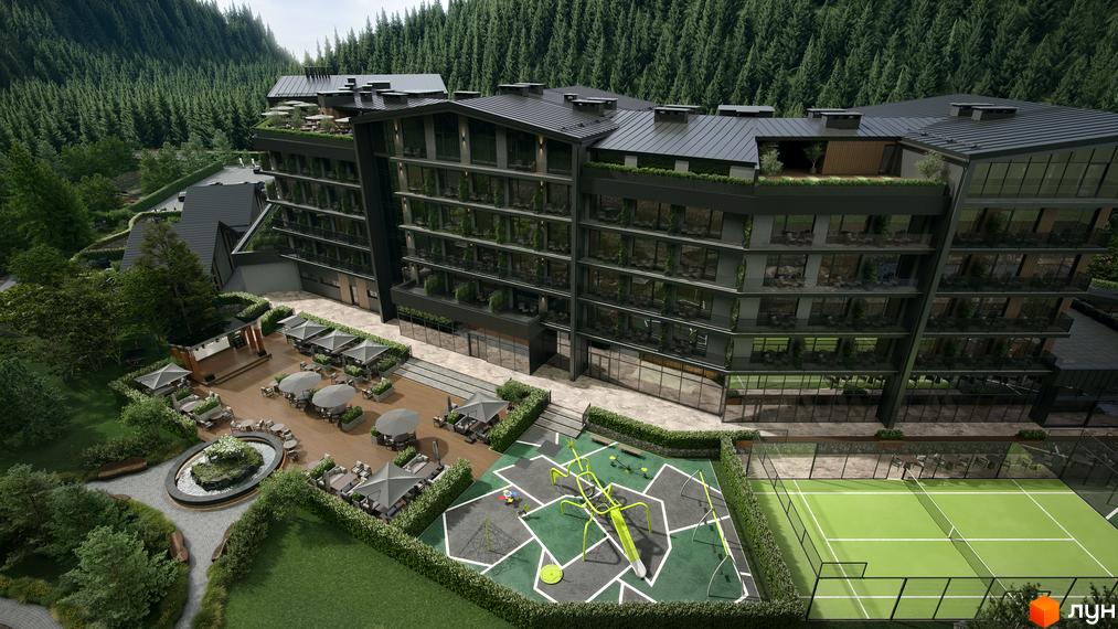 Green Rest - житловий комплекс з багатоповерховими будинками, терасами, зоною відпочинку, дитячим майданчиком та тенісним кортом на тлі лісу.