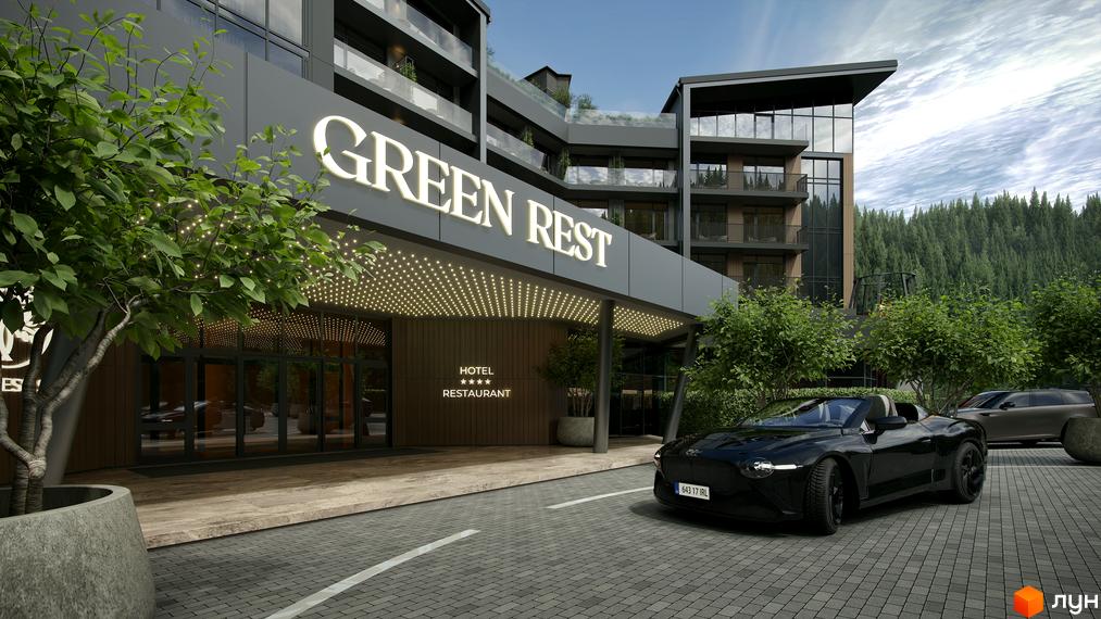 Зовнішній вигляд готелю Green Rest з вивіскою та входом, освітленим гірляндами. Перед будівлею стоять автомобілі та зелені насадження.