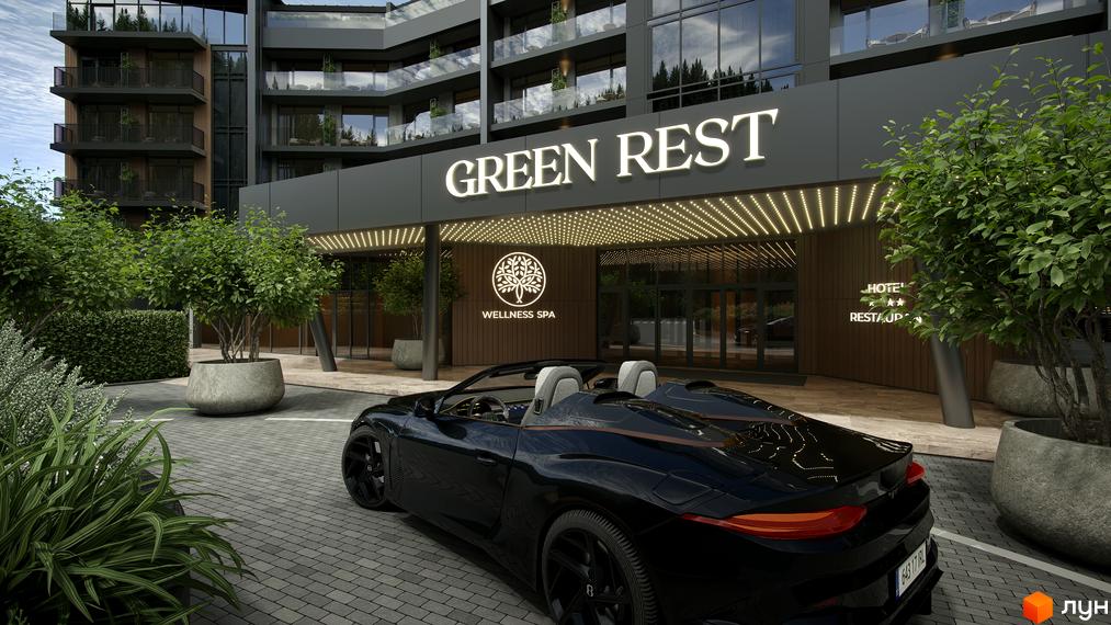 Зовнішній вигляд житлового комплексу Green Rest з фасадом з темних панелей та склінням, перед ним розташований чорний кабріолет та зелені насадження.