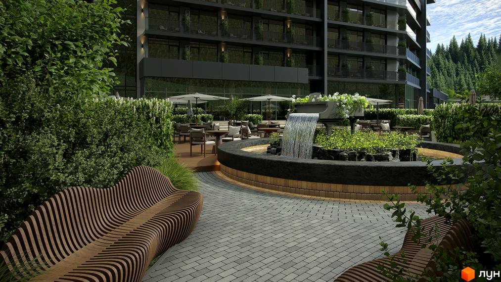 Зовнішній вигляд новобудови Green Rest з прибудинковою територією, що включає фонтан, лавки та зелені насадження.