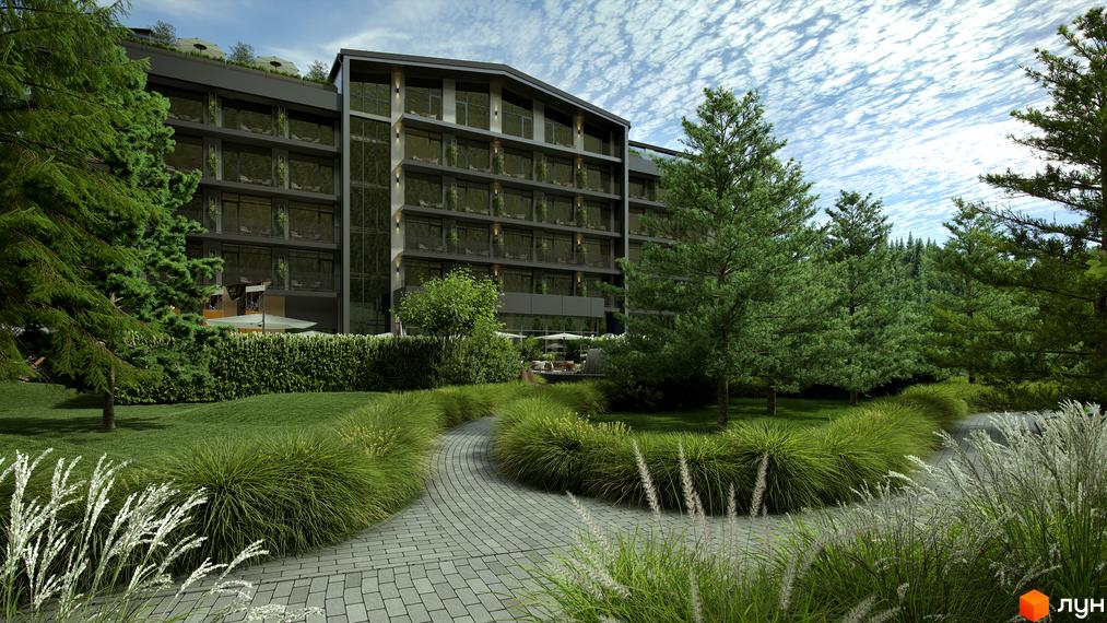 Житловий комплекс Green Rest з елегантним фасадом та балконами, оточений доглянутим ландшафтом з деревами та травою.