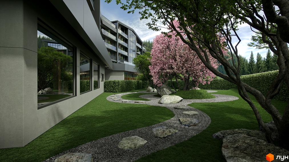 Зовнішній вигляд новобудови Green Rest з великими вікнами та балконами, поруч доглянутий сад з квітучим деревом та доріжками з каменю.