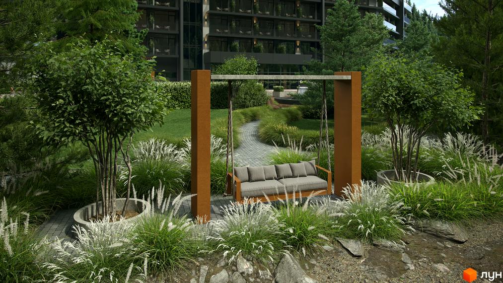 Зона відпочинку з гойдалкою-диваном у житловому комплексі Green Rest. Сучасна архітектура будівель та доглянута прибудинкова територія з ландшафтним дизайном.
