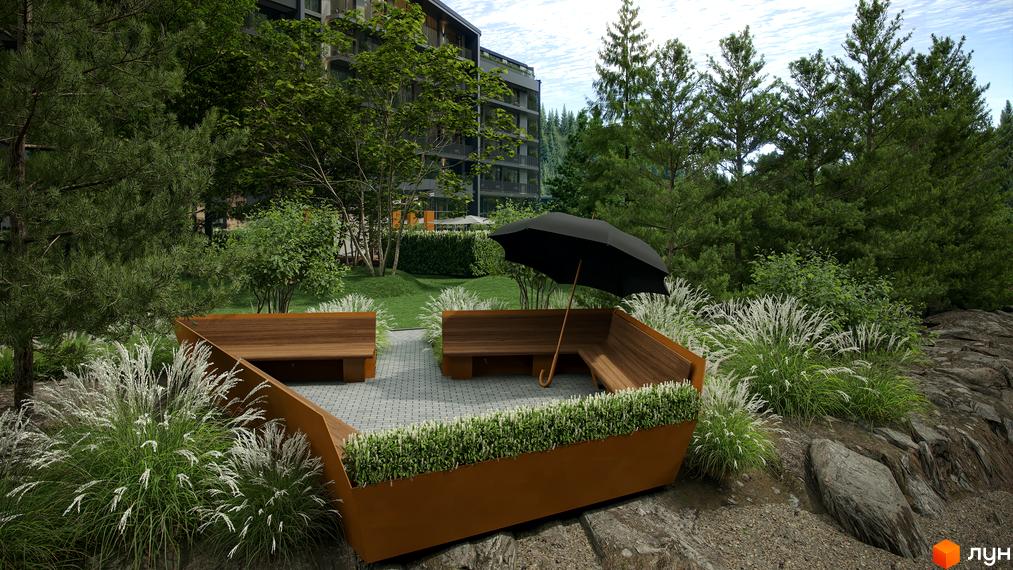 Зона відпочинку з лавками та парасолькою біля будинку Green Rest. Прибудинкова територія з деревами та рослинами.
