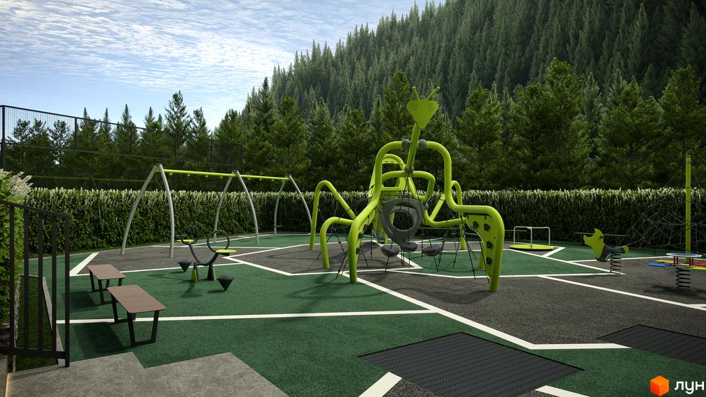 Дитячий майданчик біля житлового комплексу Green Rest з гірками, гойдалками та пісочницею. Навколо - зелені насадження та ліс.