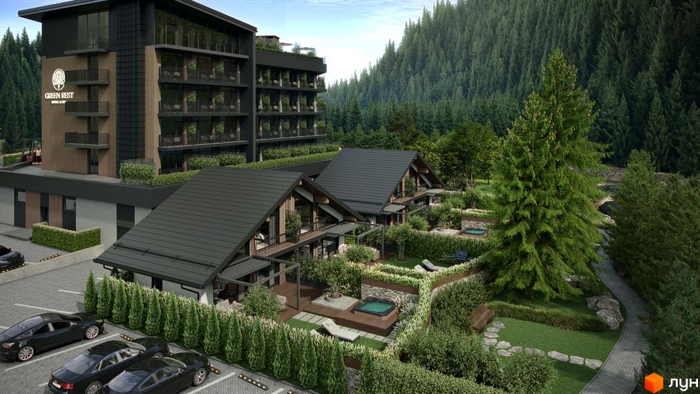 Зовнішній вигляд житлового комплексу Green Rest з багатоповерховою будівлею та котеджами, оточений лісом. Прибудинкова територія з парковкою, зонами відпочинку та джакузі.