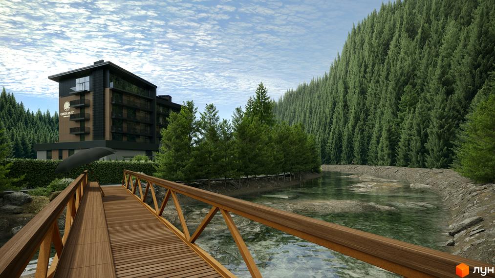 Житловий комплекс Green Rest з дерев'яним мостом та річкою на тлі гірського лісу. Зовнішній вигляд будівлі з панорамними вікнами та балконами.