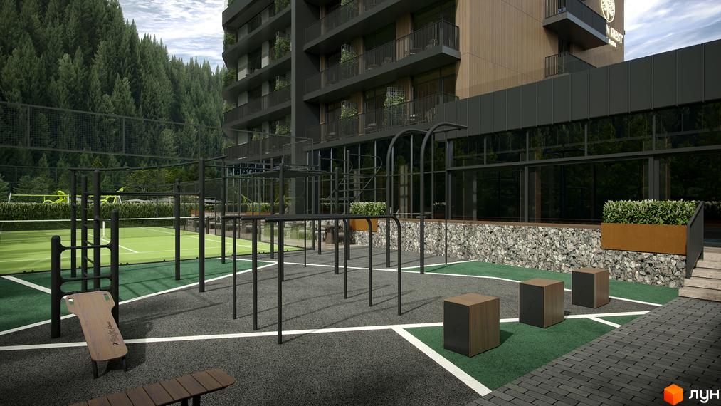 Зовнішній вигляд будівлі житлового комплексу Green Rest з прибудинковою територією, що включає спортивний майданчик та тенісний корт.