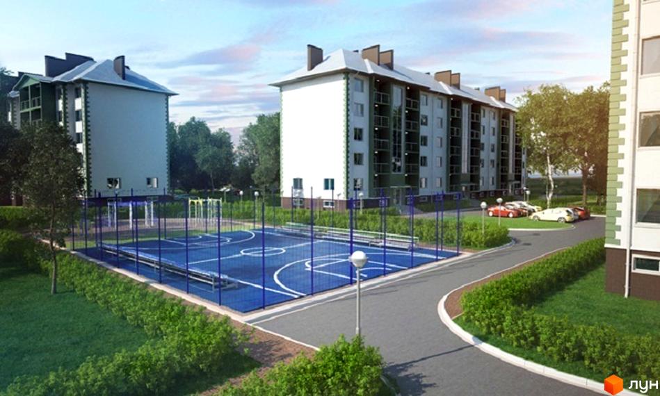 Житловий комплекс Білогородка: сучасні багатоповерхові будинки з зеленими фасадами, спортивний майданчик та парковка.