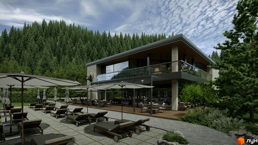 Зовнішній вигляд ресторану Green Rest з терасою та шезлонгами на тлі лісу. Прибудинкова територія з парасольками та місцями для відпочинку.
