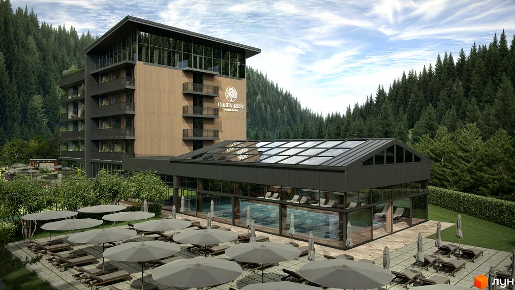 Green Rest Hotel & Spa: багатоповерховий готельний комплекс з дерев'яними елементами та скляним дахом, оточений лісом. На території розташований басейн та зона відпочинку з шезлонгами.