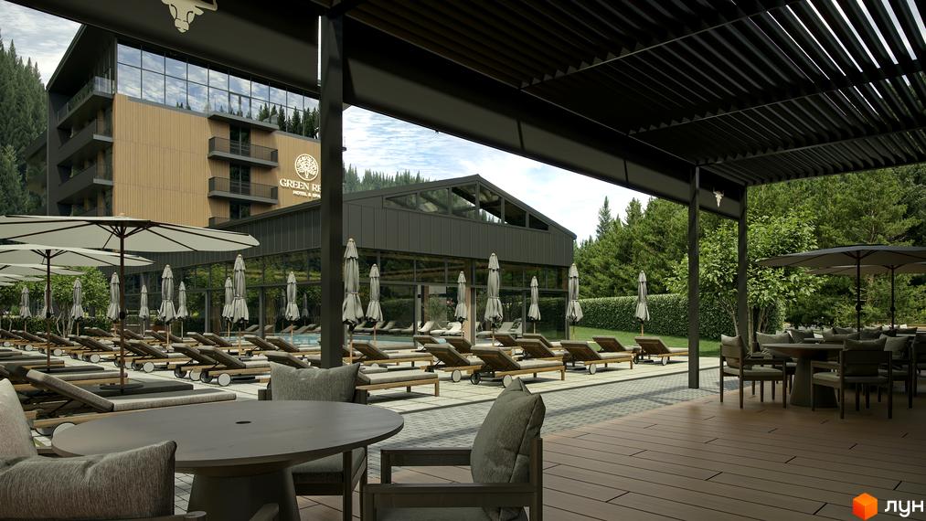 Green Rest Hotel & Spa: сучасний готельний комплекс з басейном та зоною відпочинку на території, оточений лісом. Насолоджуйтесь відпочинком на шезлонгах під парасольками.