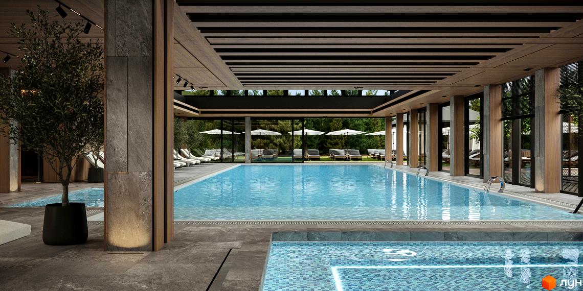 Басейн у житловому комплексі Green Rest з шезлонгами та парасольками на прибудинковій території.