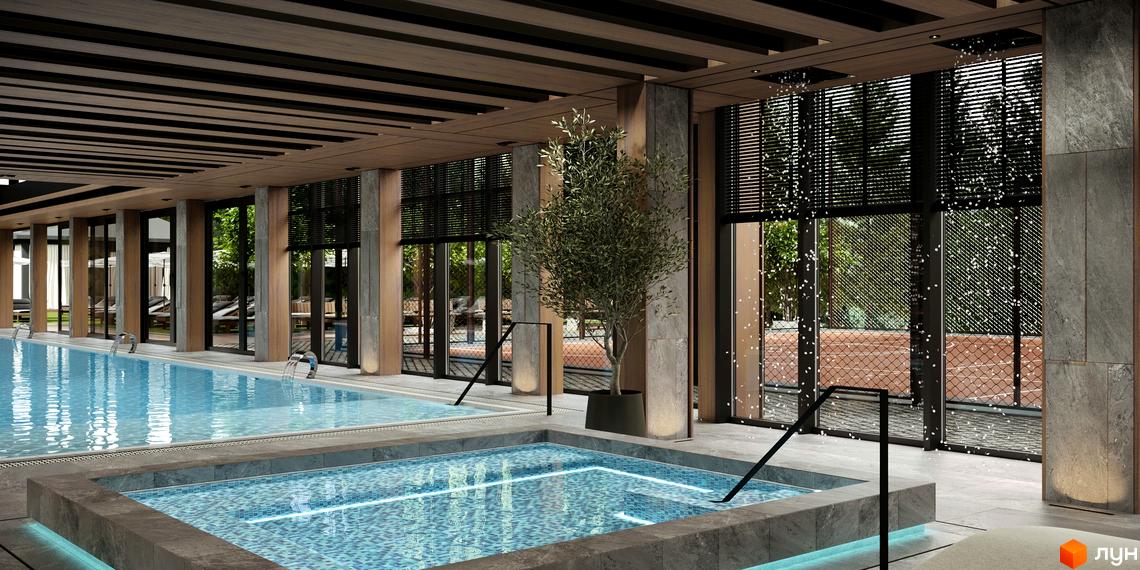 Басейн та джакузі в житловому комплексі Green Rest. Сучасний дизайн інтер'єру з великими вікнами та зеленню.