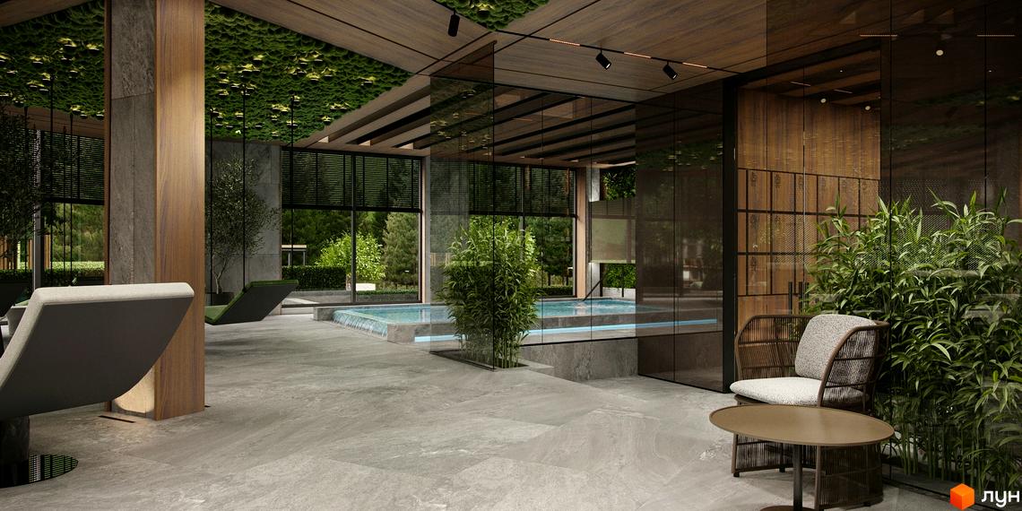 Інтер'єр зони відпочинку з басейном та зеленню в житловому комплексі Green Rest. Сучасний дизайн з природними елементами.