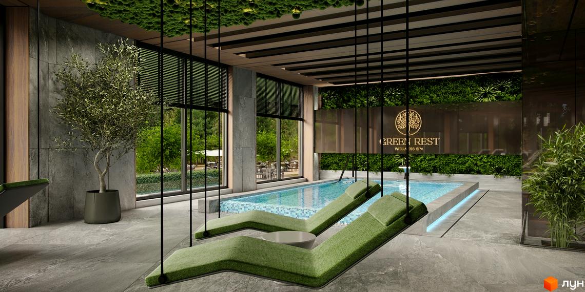 Green Rest Wellness Spa: інтер'єр зони відпочинку біля басейну з зеленими лежаками та рослинами. Навколо басейну розташовані зони відпочинку з лежаками та столиками.