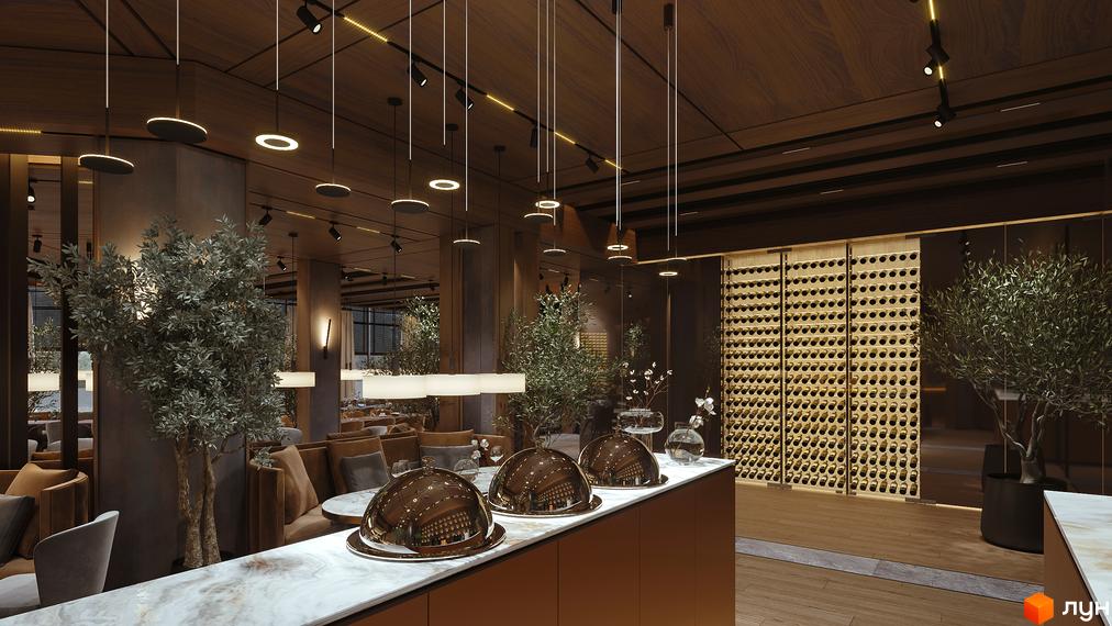 Інтер'єр ресторану Green Rest з винними полицями та деревами.