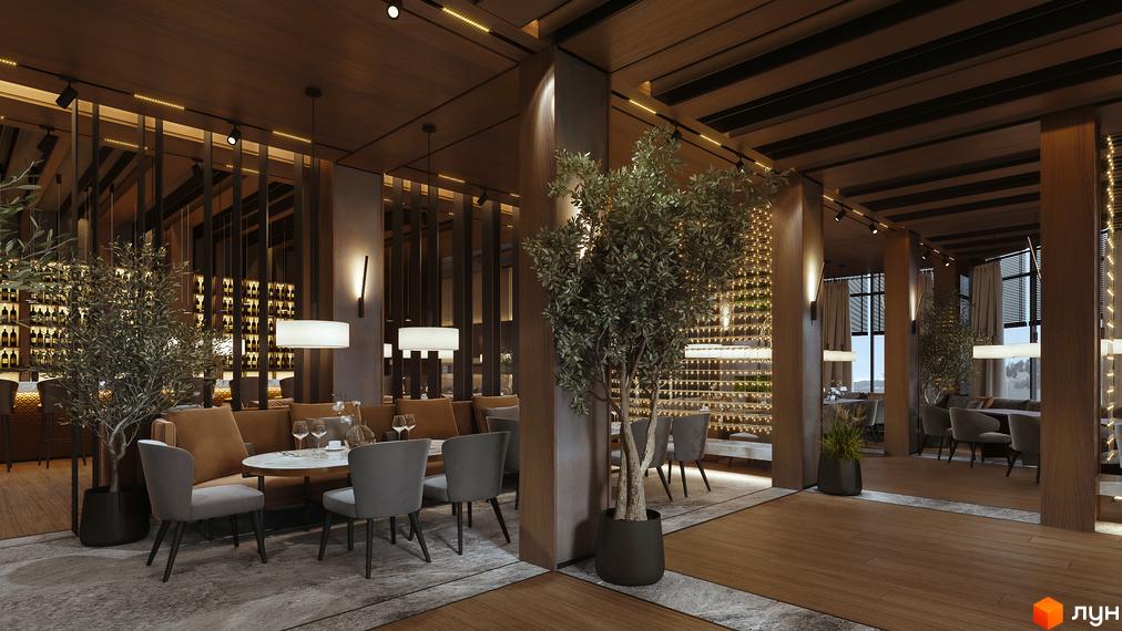 Інтер'єр ресторану Green Rest з дерев'яними елементами, винними полицями та зеленню. Затишна атмосфера для відпочинку та насолоди.