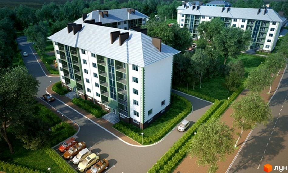 Житловий комплекс Білогородка: сучасні багатоповерхові будинки з зеленими фасадами та доглянутою прибудинковою територією з деревами та парковкою.