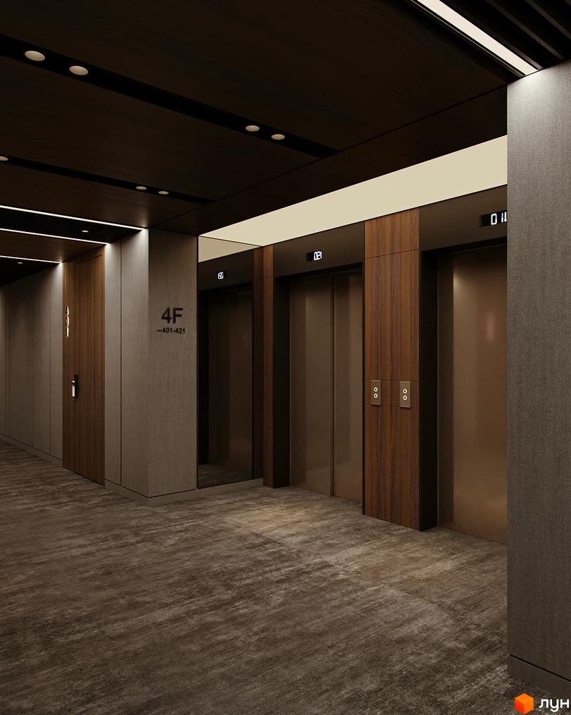 Сучасний коридор з ліфтами в житловому комплексі Green Rest. Оздоблення стін та підлоги в темних тонах, елегантне освітлення.