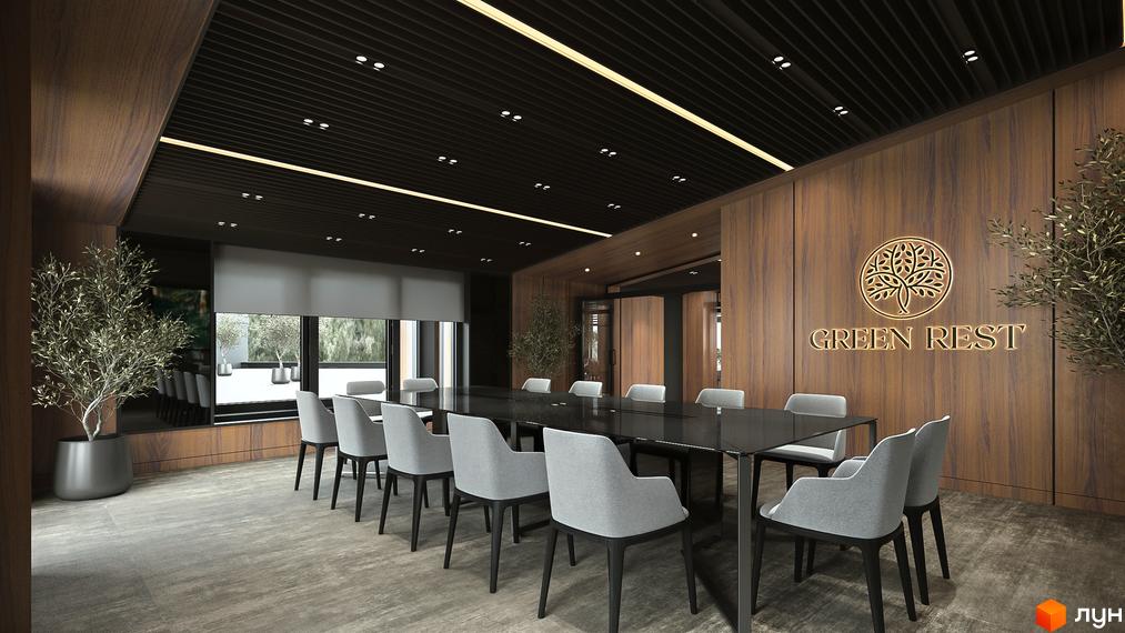 Інтер'єр сучасної переговорної кімнати житлового комплексу Green Rest з великим столом та зручними кріслами. На стіні логотип Green Rest.