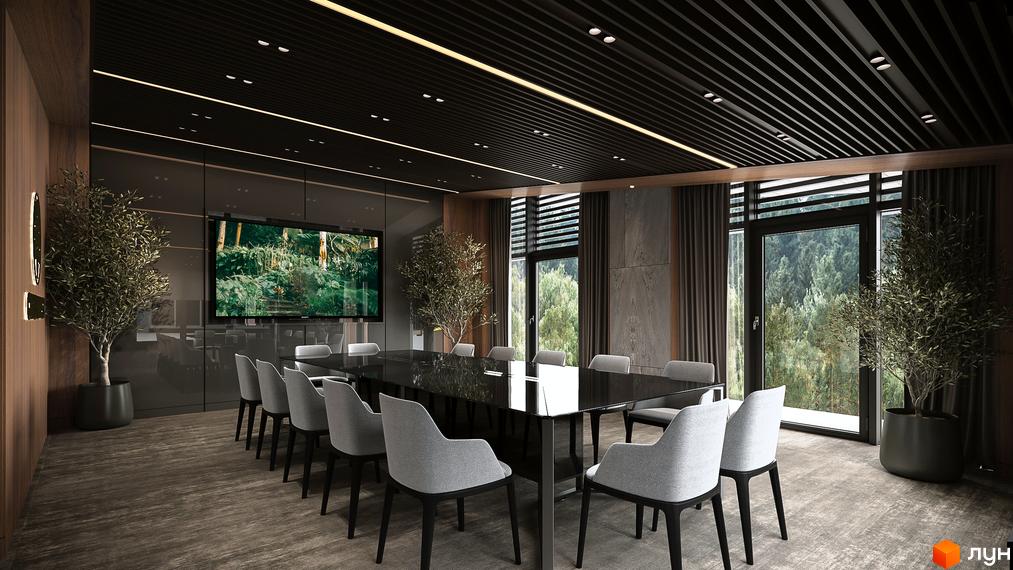 Інтер'єр конференц-залу в житловому комплексі Green Rest з великим столом та зручними кріслами.