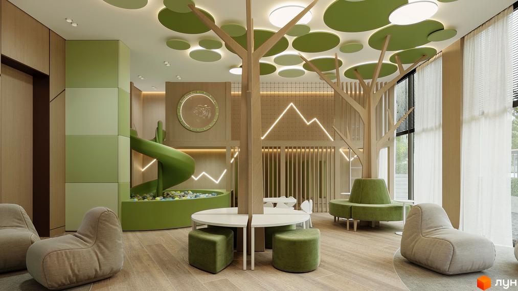 Дитяча кімната в житловому комплексі Green Rest з гіркою, басейном з кульками та тематичним декором у вигляді дерева.