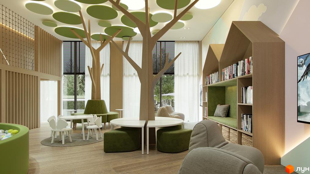 Інтер'єр дитячої зони житлового комплексу Green Rest з книжковими полицями та ігровими елементами. Затишна атмосфера для дітей.