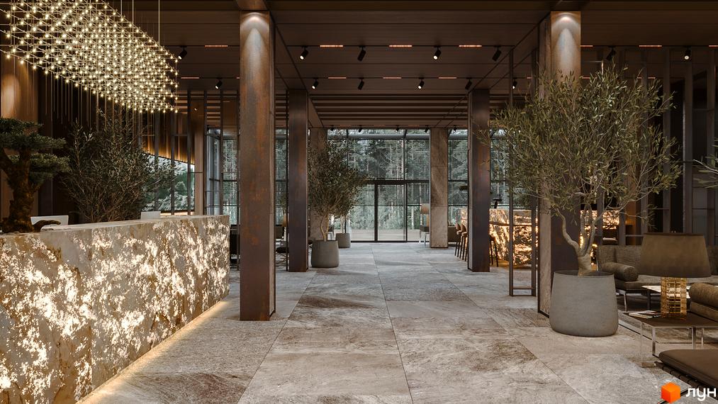 Інтер'єр лобі житлового комплексу Green Rest з дизайнерським освітленням, натуральними матеріалами та рослинами.