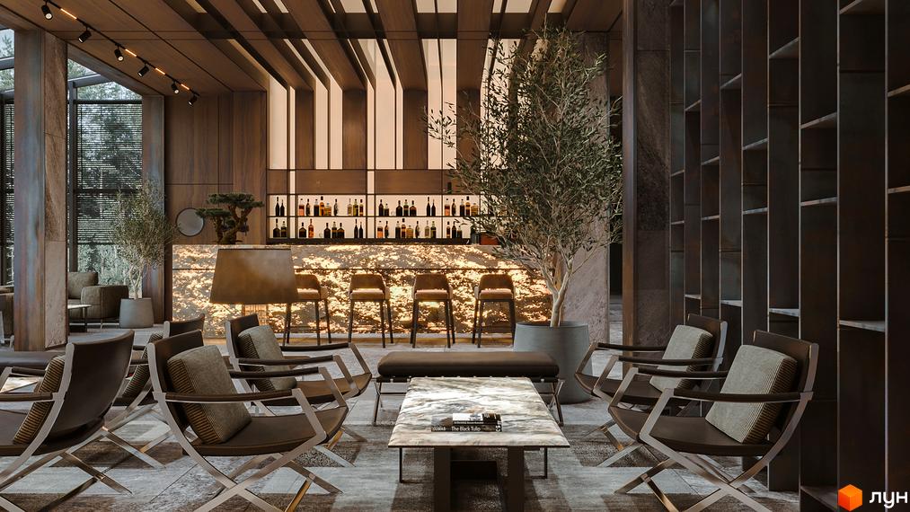 Інтер'єр лаунж-зони житлового комплексу Green Rest з баром та зручними кріслами. Сучасний дизайн та атмосфера для відпочинку.
