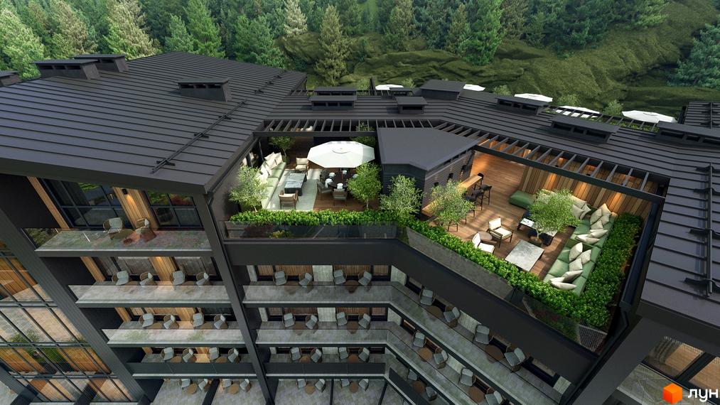 Зовнішній вигляд житлового комплексу Green Rest з терасами та зонами відпочинку на даху. Сучасна архітектура новобудови з видом на зелені ліси.