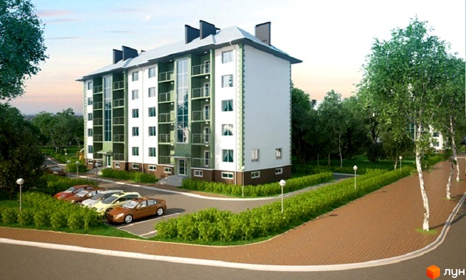 Зовнішній вигляд житлового комплексу Білогородка: багатоповерховий будинок з зеленими та білими фасадами, балконами та великими вікнами. На прибудинковій території розташовані дерева, кущі та парковка з автомобілями.