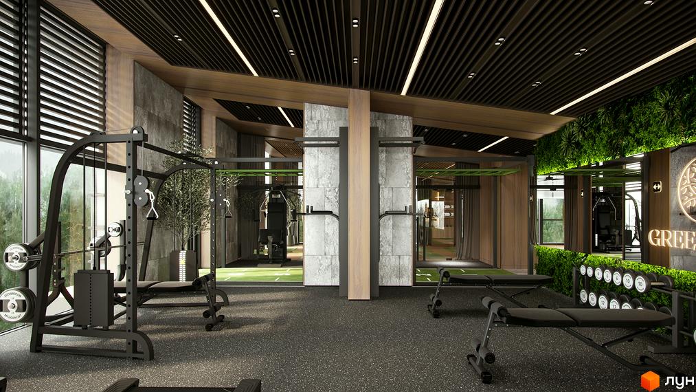 Сучасний тренажерний зал у житловому комплексі Green Rest з різноманітним обладнанням для тренувань. Просторий зал з великими вікнами та зеленню.