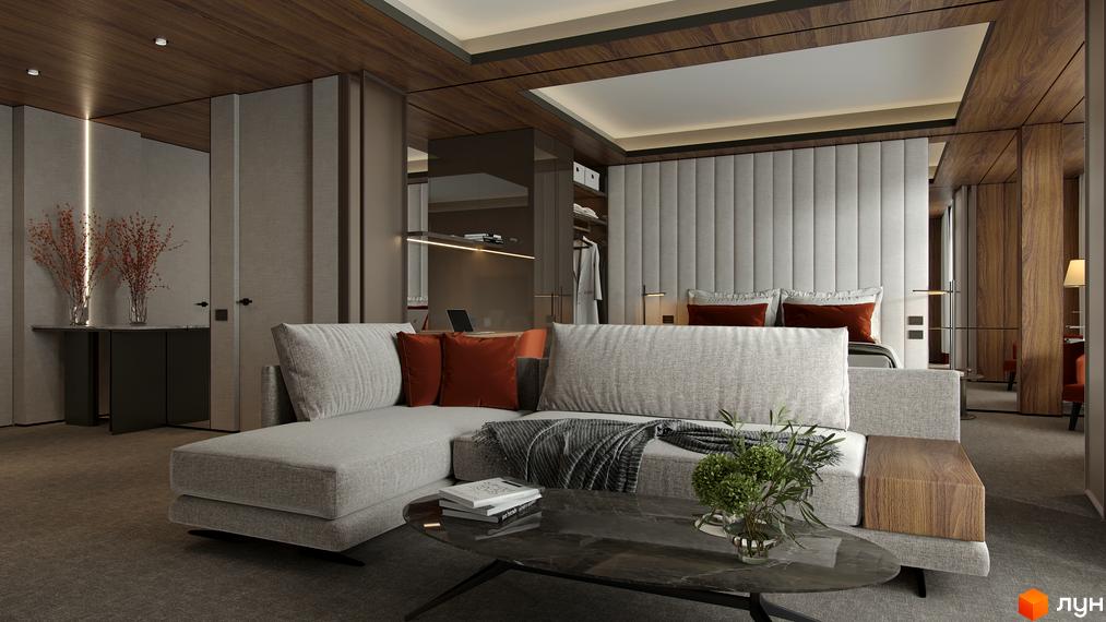 Інтер'єр номера в житловому комплексі Green Rest з диваном, ліжком та робочим столом. Сучасний дизайн та функціональне планування.