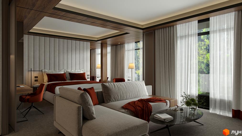 Просторий номер у житловому комплексі Green Rest з двоспальним ліжком, диваном та великим вікном з видом на зелень. Сучасний дизайн інтер'єру.