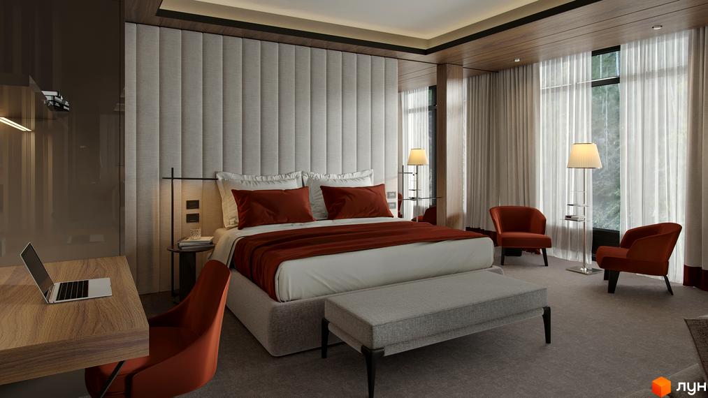 Інтер'єр спальні в житловому комплексі Green Rest. Затишна кімната з великим ліжком, кріслами та робочим столом.