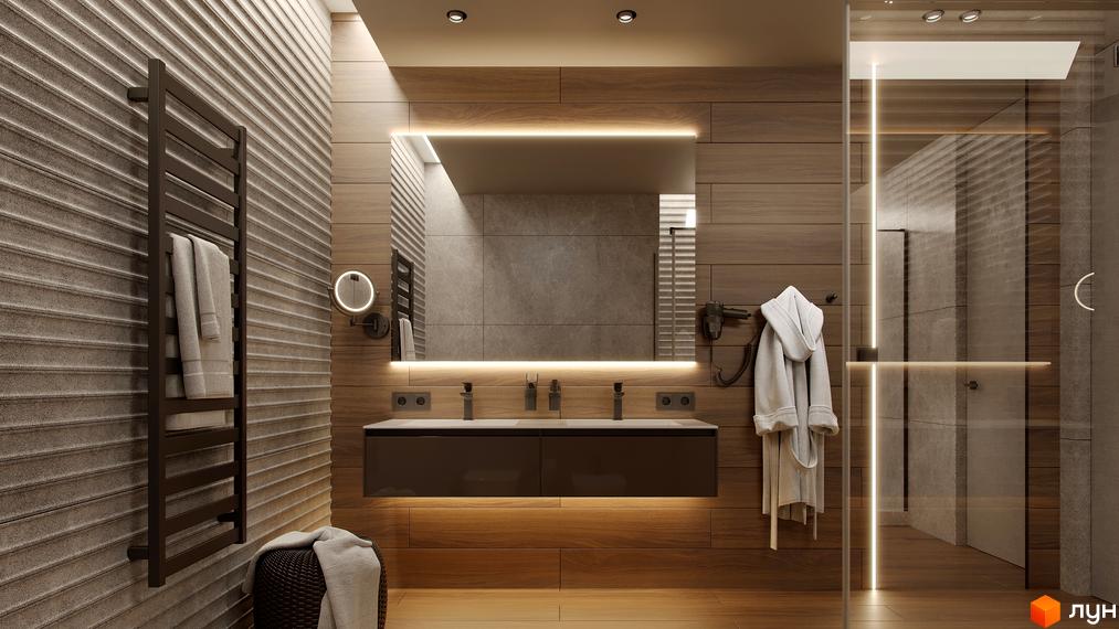 Сучасна ванна кімната з дерев'яними панелями, великим дзеркалом та душовою кабіною. Ванна кімната в ЖК Green Rest.