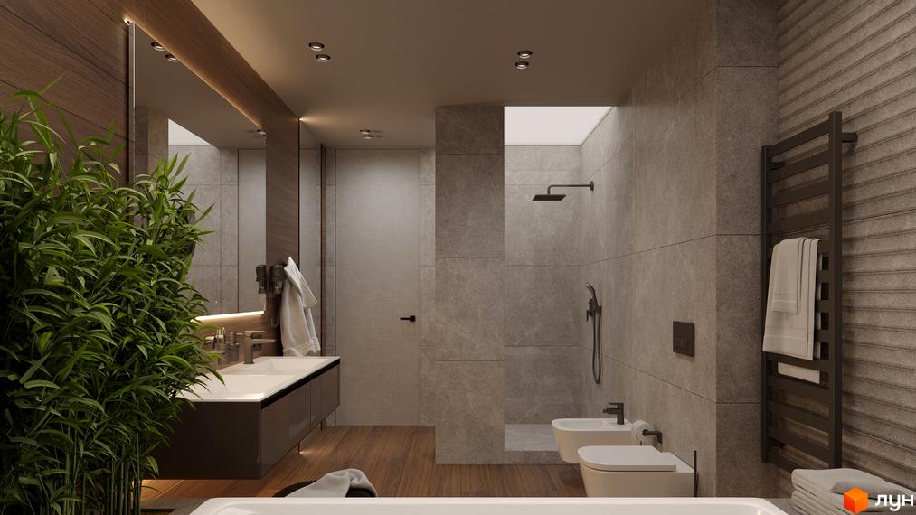 Сучасна ванна кімната з душем, біде та подвійним умивальником, оформлена в сірих тонах та натуральному дереві.