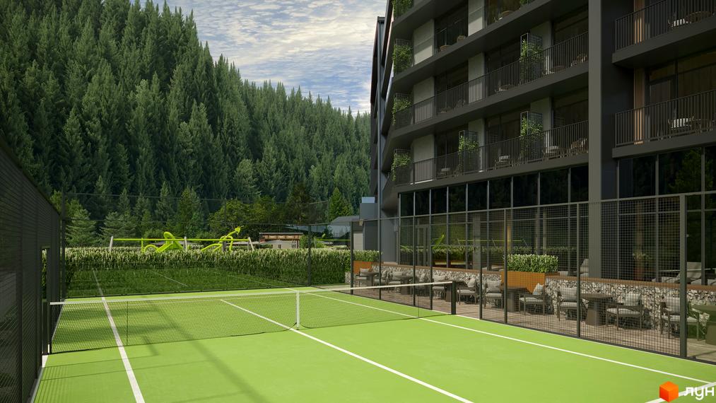 Сучасний житловий комплекс Green Rest з тенісним кортом та зеленою зоною. Навколо комплексу розташований густий ліс.