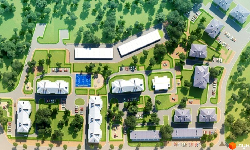 Житловий комплекс Білогородка: вид зверху на будинки з сірими дахами та прибудинкову територію з парковками, зеленими зонами та дитячими майданчиками. Огляд новобудови з висоти пташиного польоту.