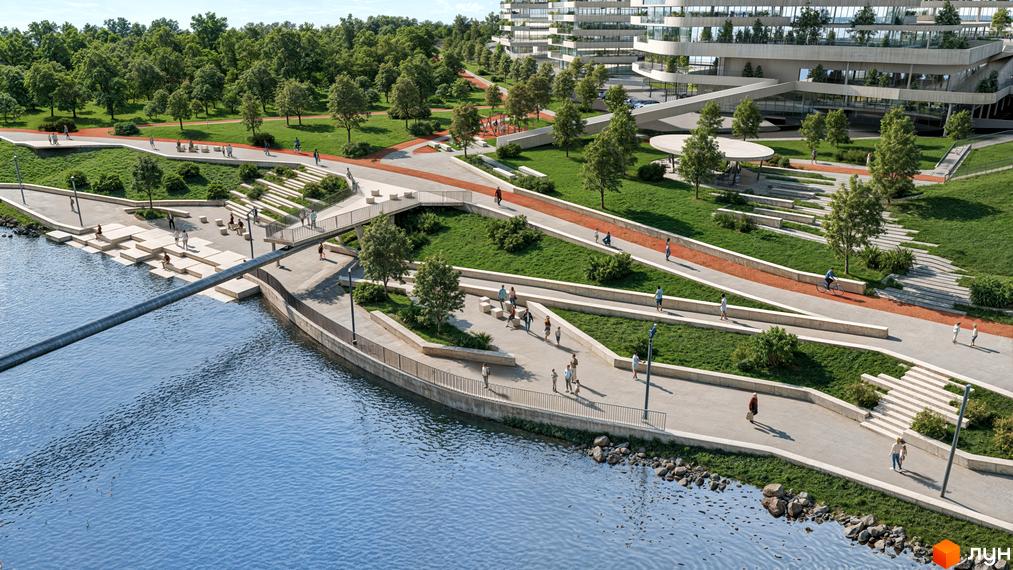 Житловий комплекс CONTINENT RIVER PARK з багатоярусними терасами та зеленою прибудинковою територією з пішохідними доріжками та зонами відпочинку біля води.