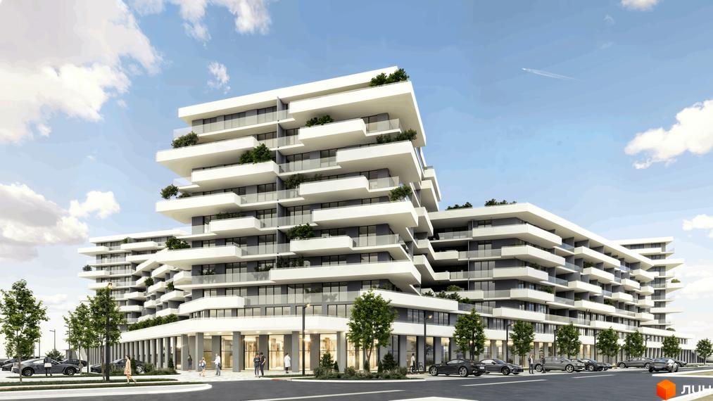 Житловий комплекс CONTINENT RIVER PARK з білими фасадами та балконами, що виступають, оточений деревами та автомобілями.