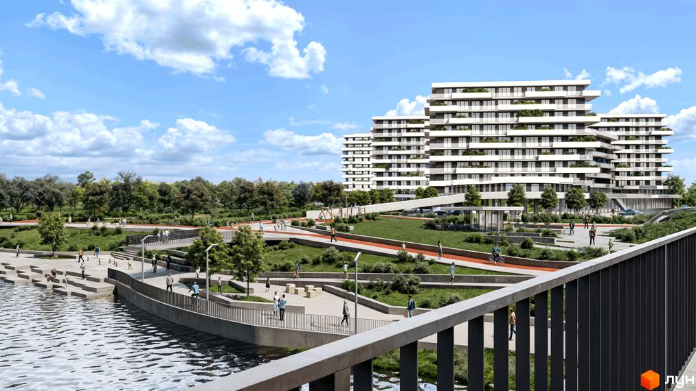 Житловий комплекс CONTINENT RIVER PARK з білими фасадами та балконами, що виходять на річку та зелену зону з пішохідними доріжками.