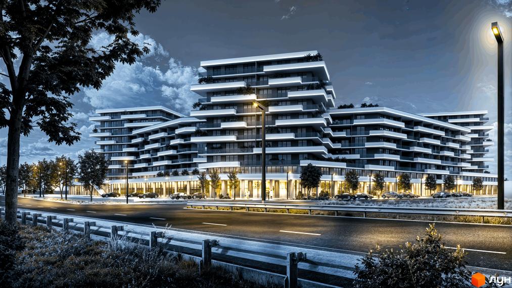 Житловий комплекс CONTINENT RIVER PARK з багатоповерховими будинками, терасами та підсвічуванням фасадів. Перед будинками розташована дорога з автомобілями та вуличне освітлення.