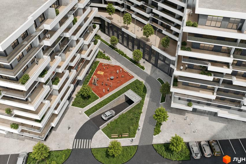 Житловий комплекс CONTINENT RIVER PARK з багаторівневими балконами та дитячим майданчиком. На прибудинковій території розташовані парковка та зелені зони.