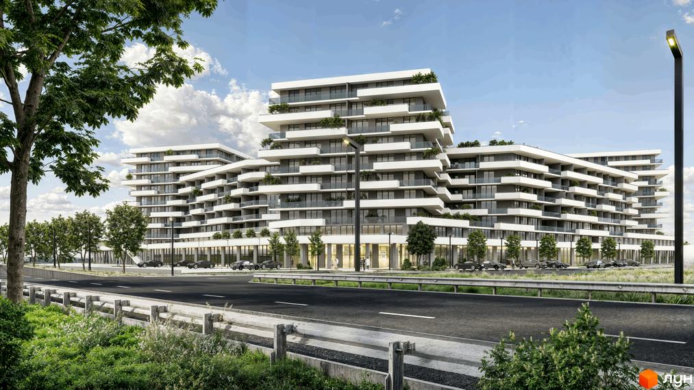 Житловий комплекс CONTINENT RIVER PARK з білими фасадами та терасами, що виступають, з зеленими насадженнями. Перед комплексом дорога та зелена зона.