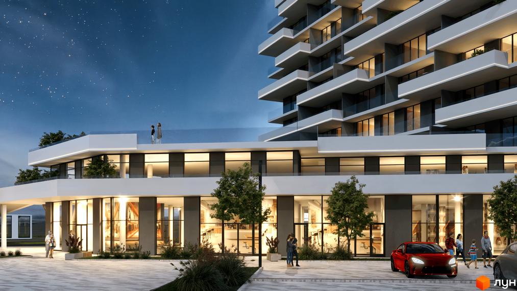 Житловий комплекс CONTINENT RIVER PARK з виступаючими балконами та скляними фасадами. На прибудинковій території видно червоний автомобіль та людей.