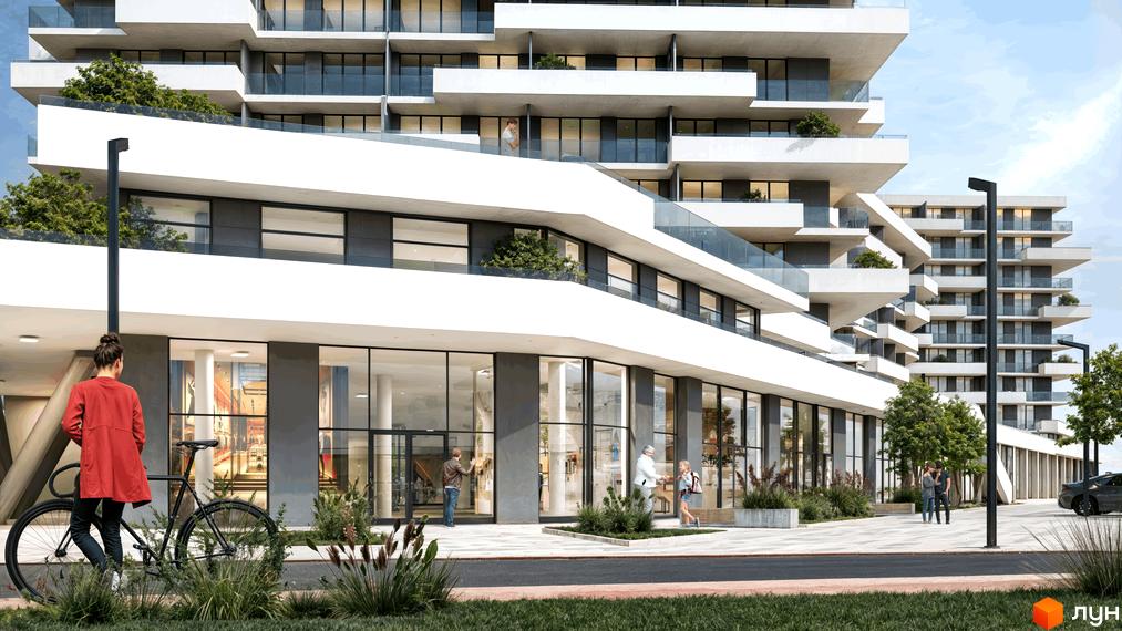 Зовнішній вигляд житлового комплексу CONTINENT RIVER PARK з просторими балконами та великими вікнами, прибудинкова територія з пішохідними доріжками та зеленими насадженнями.